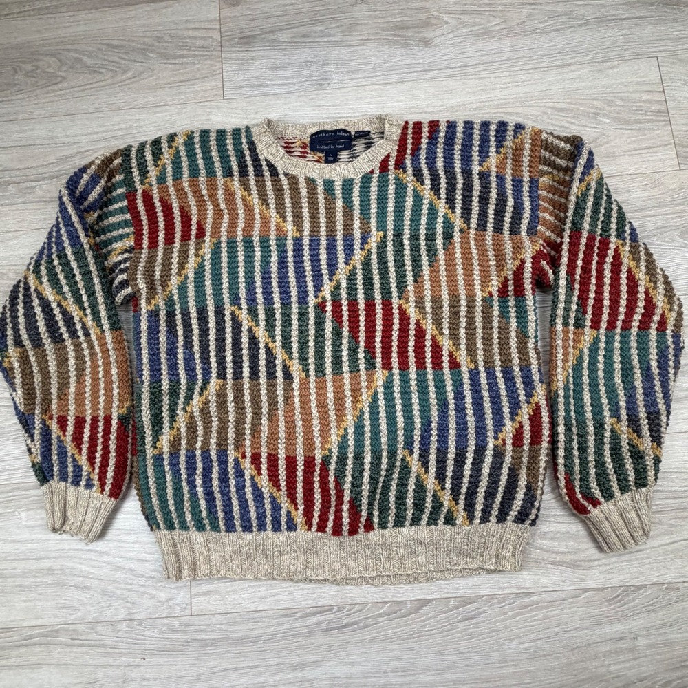 Northern Isles Mens Hand‎ Knitted Geometric Patchwork Sweater Multi Color Large
